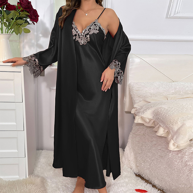 Robe Silk Women - ชุดเดรสสายเดี่ยวและเสื้อคลุมสำหรับผู้หญิง 2 ชิ้น คอลเลคชั่นฤดูใบไม้ร่วงและฤดูหนาว ผ้าไหมเทียม ดีไซน์เชือกผูก
