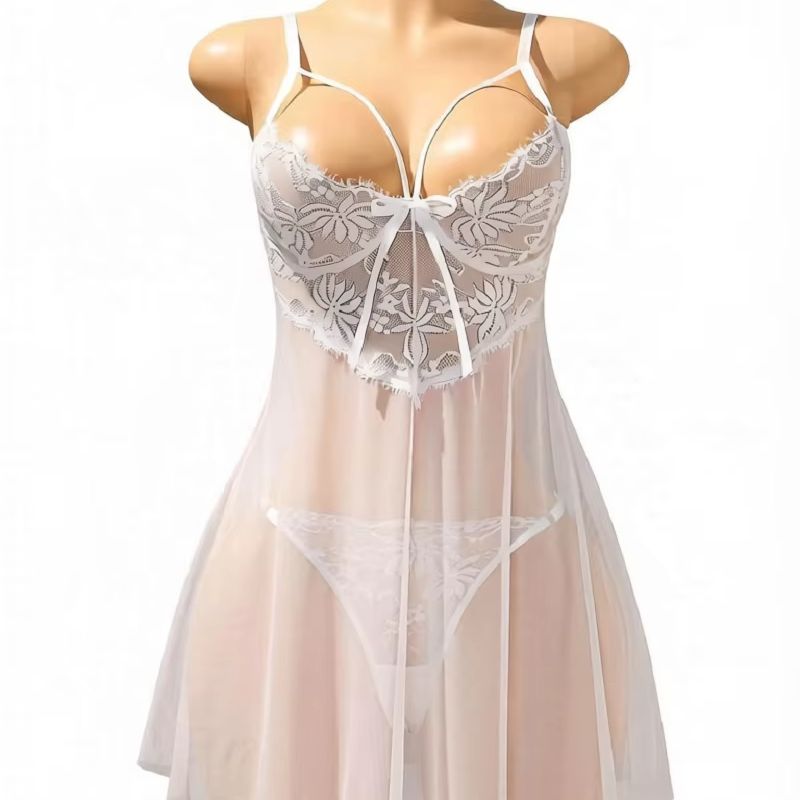 ชุดนอนซีทรูผ้าลูกไม้สีขาวสำหรั - Babydoll Chemise Night บทวิจารณ์และราคา